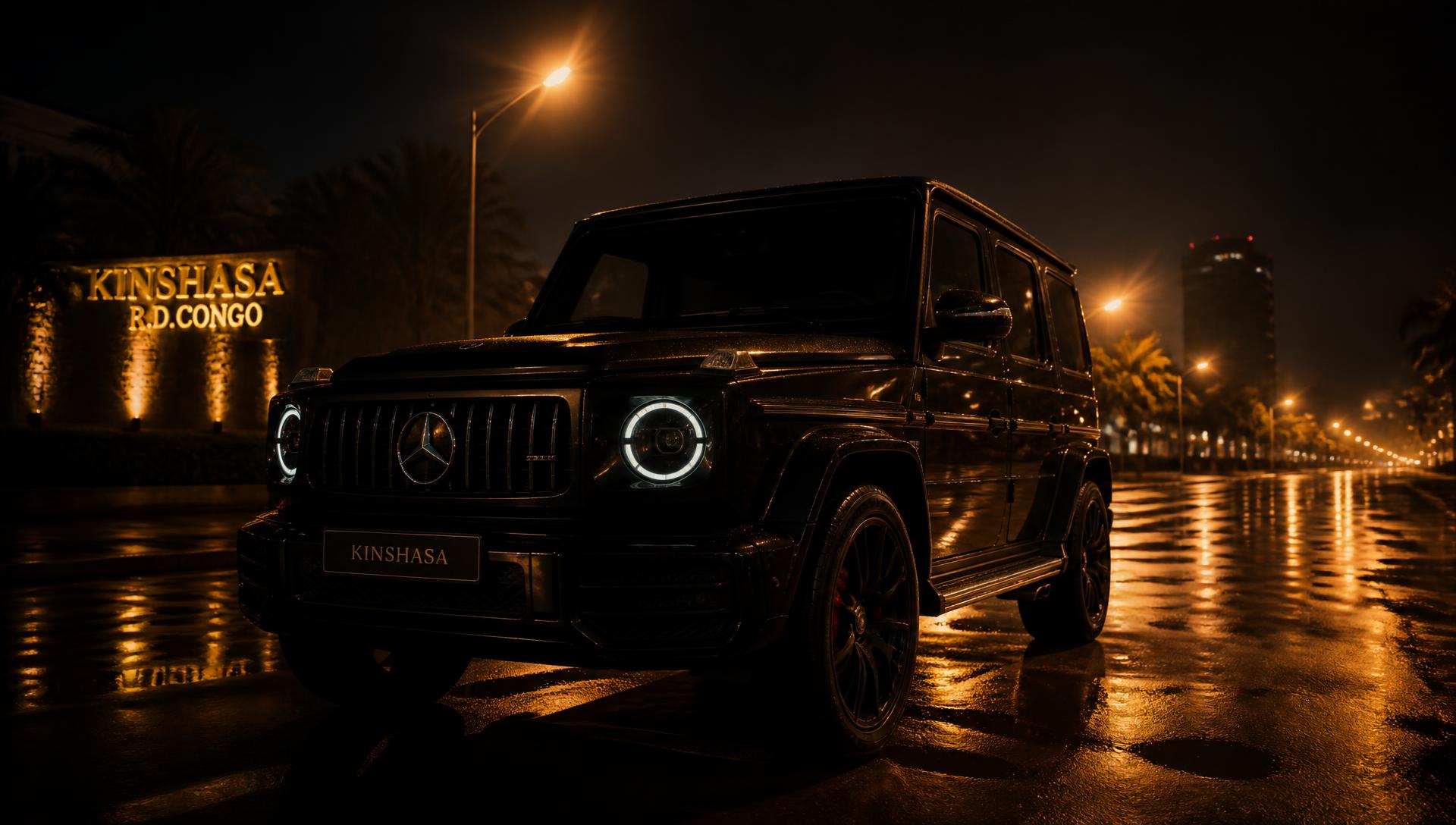 SUV de luxe noir sous les lumières dorées de Kinshasa la nuit